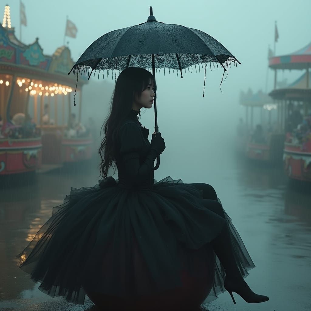 Woman in Coquette Dress at Abandoned Carnival