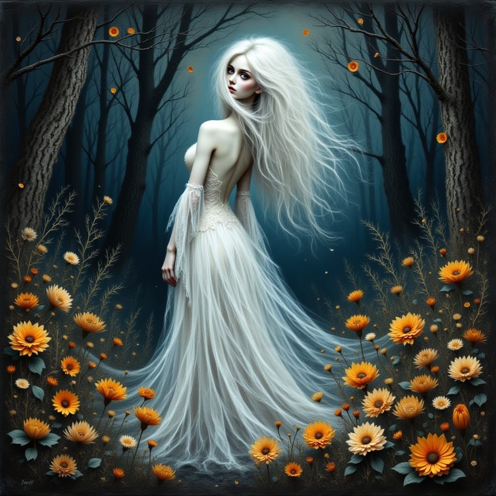 Ghostly Lady in Haunted Forest with Autumn Hues