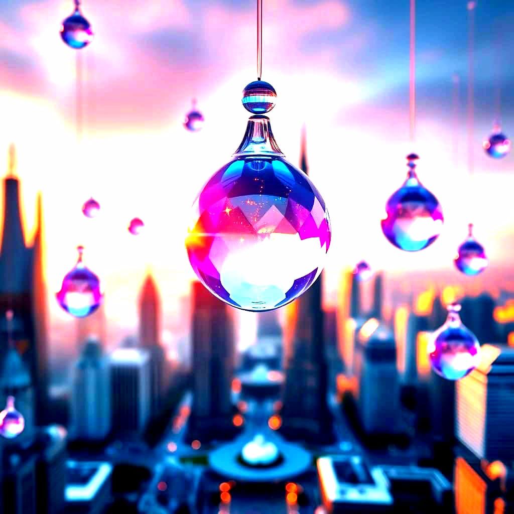 Utopian Cityscape with Crystal Orbs and Vibrant Lighting