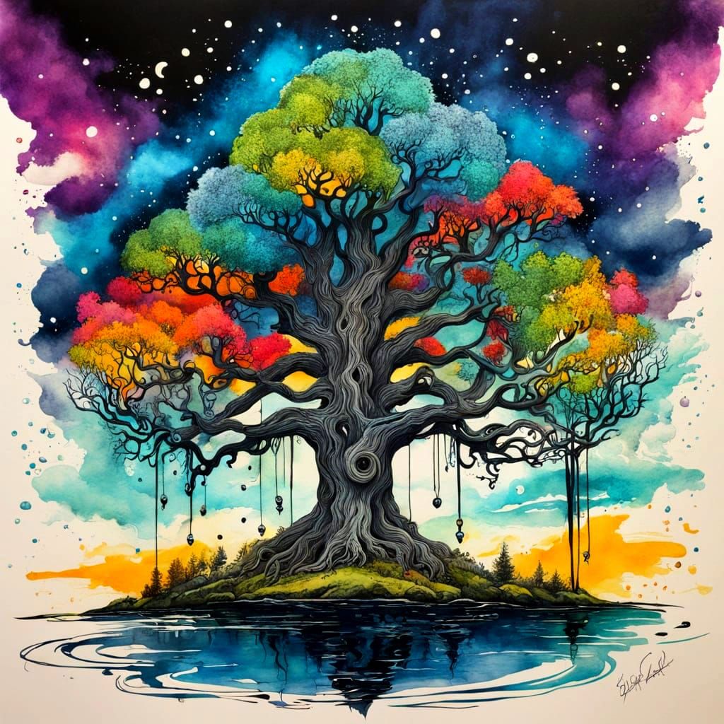 Whimsical Surrealism Tree of Life Blooms in Vibrant Colors