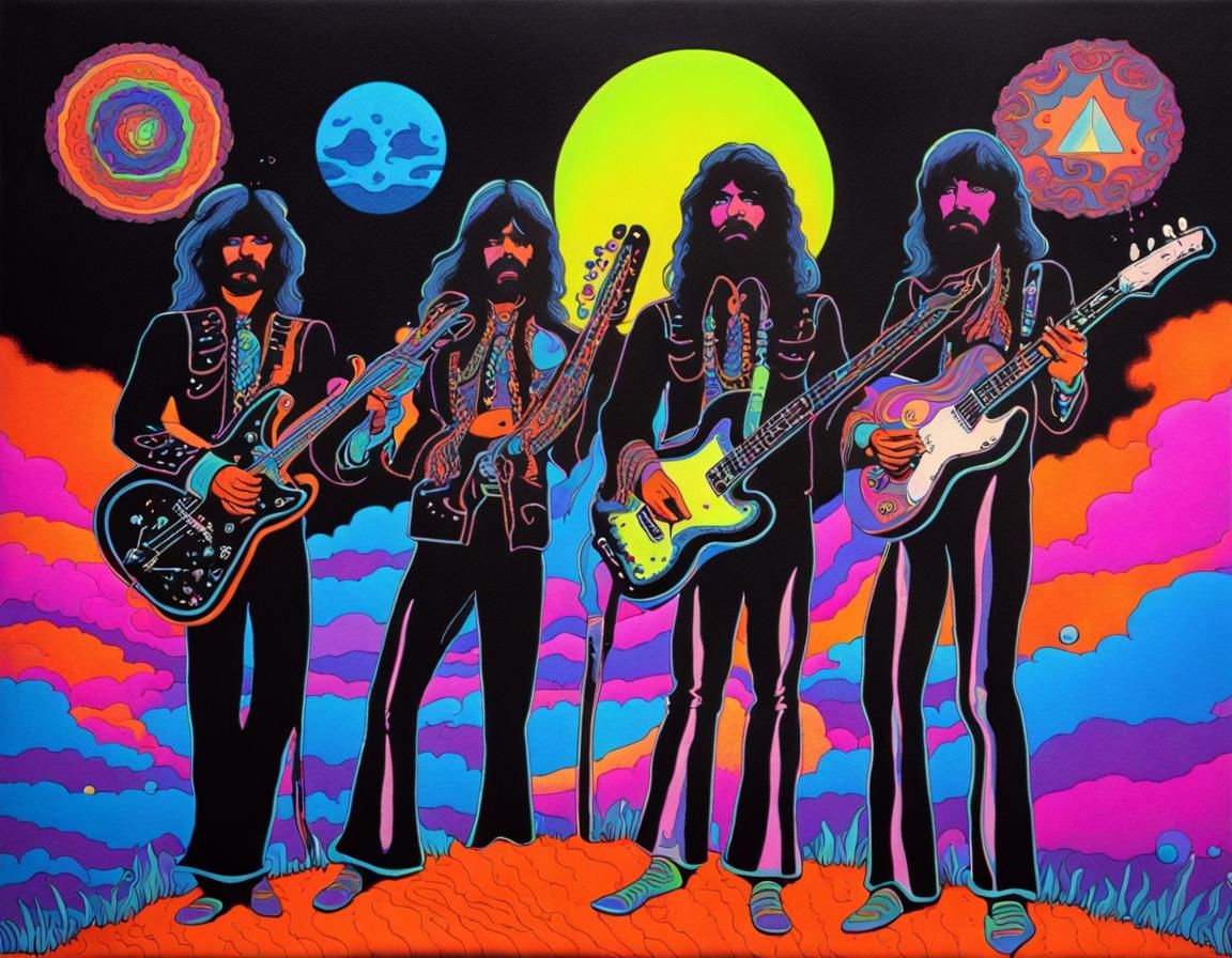Psychedelic Black Felt Painting of a Fantasy Band