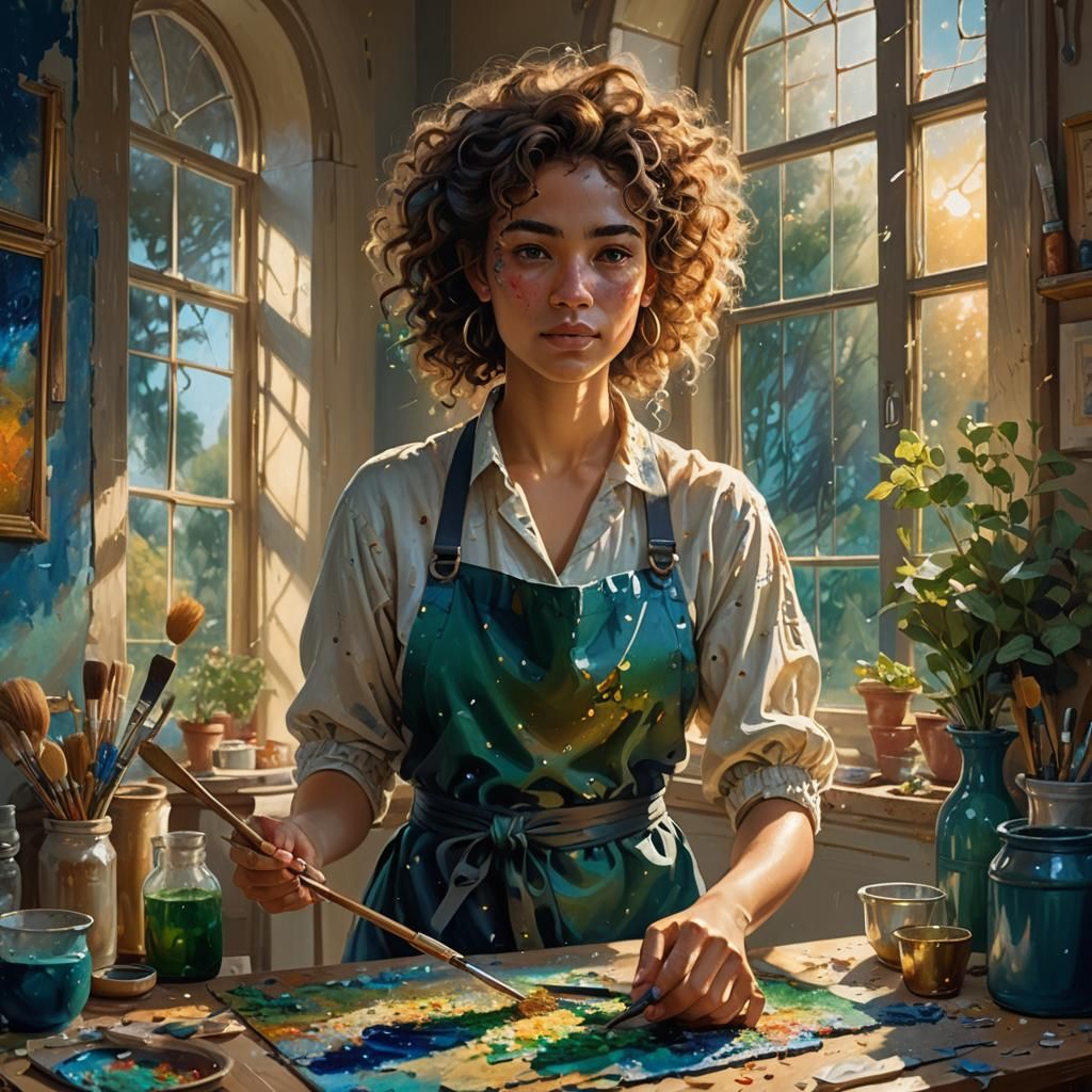 Artist Woman Creating a Vibrant Fantasy Painting