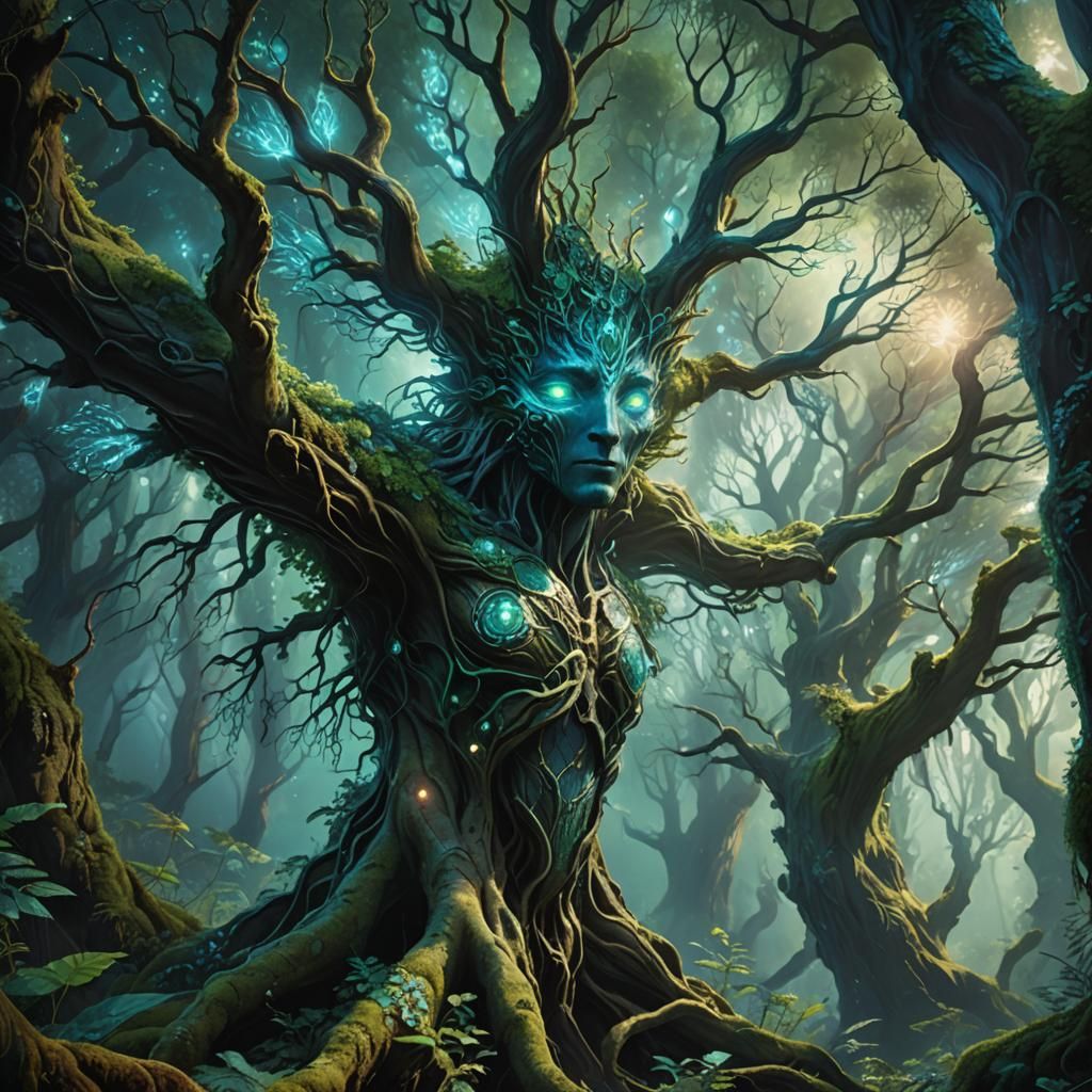 Sentient Tree Entity in Lush Forest: Fantasy Concept Art