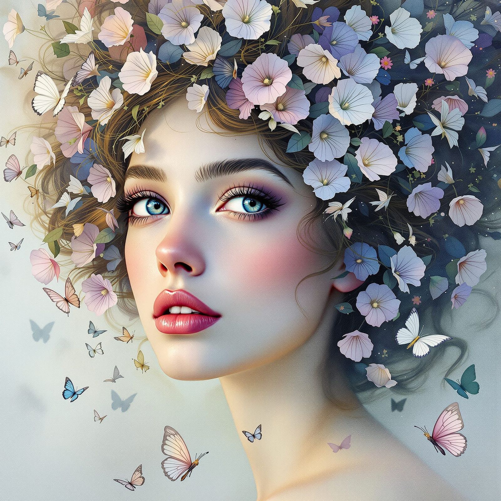 Surreal Woman with Morning Glory Hair & Butterflies