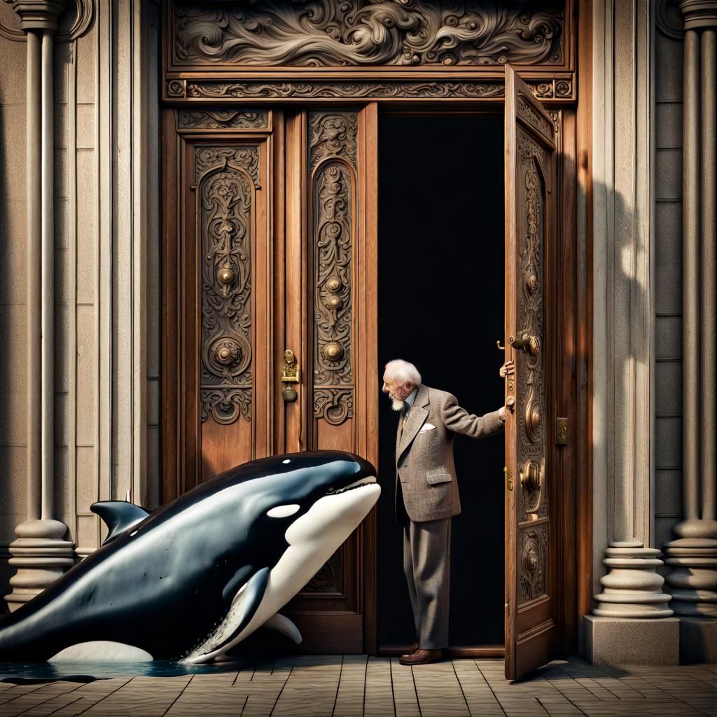 Old Man Opens Orca Door: Vintage Photograph