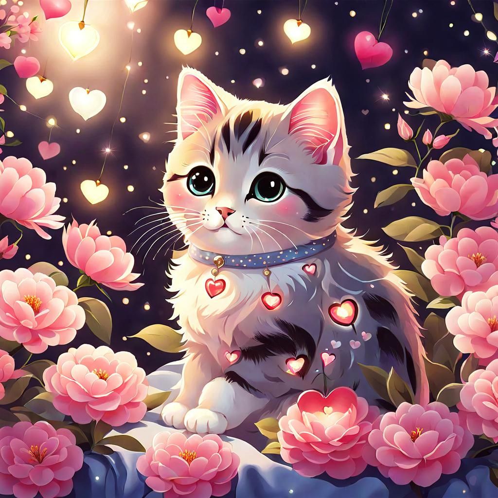 Cute Cat Surrounded by Flowers, Manga Style