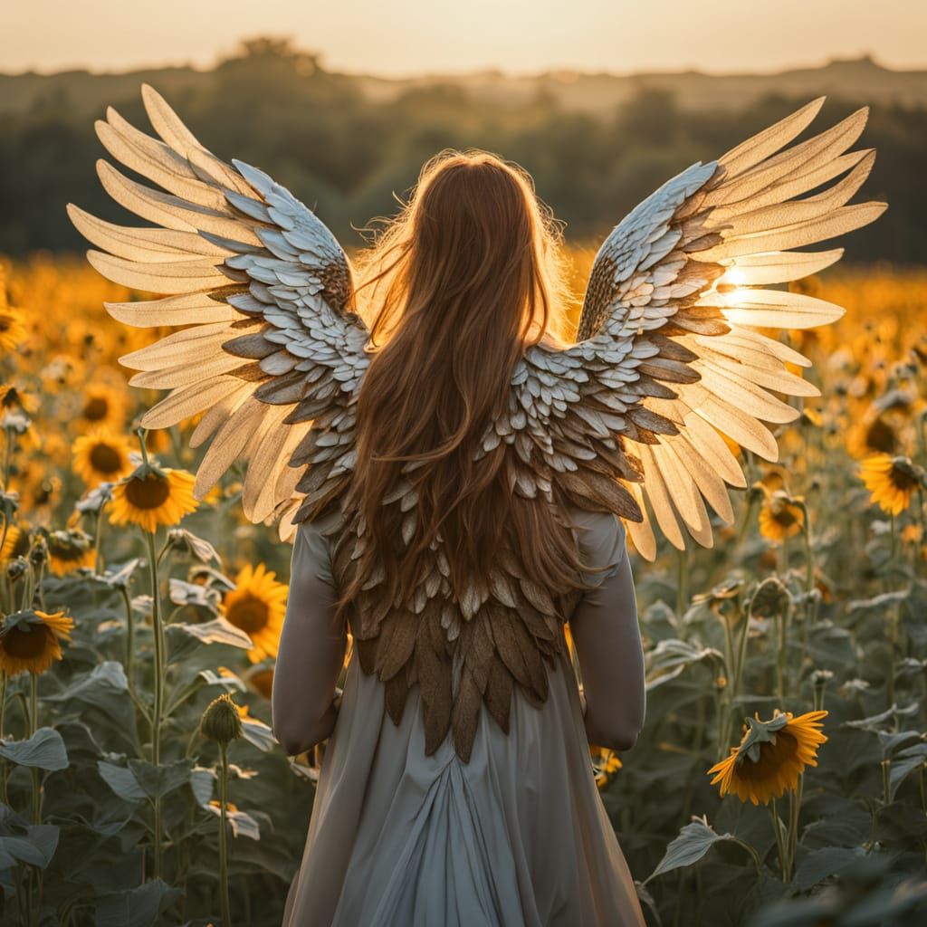 Man with Angel Wings in Golden Flower Field