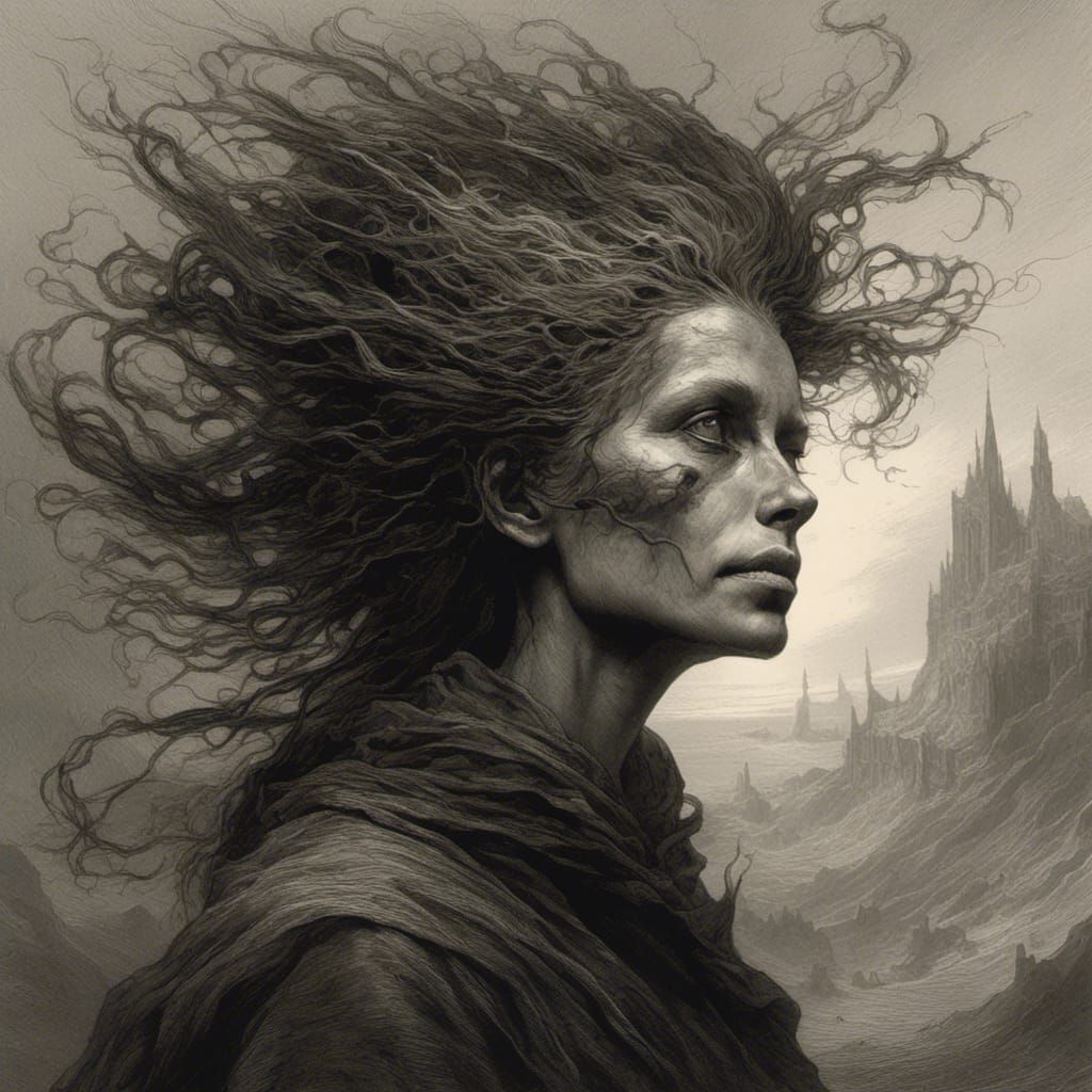 Woman with Brown Hair, Grey Eyes, and Black Wings