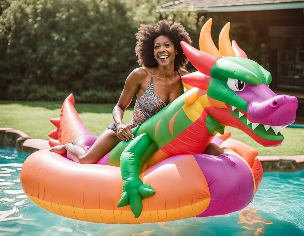 Woman Rides Dragon Pool Toy in Sunny Pool