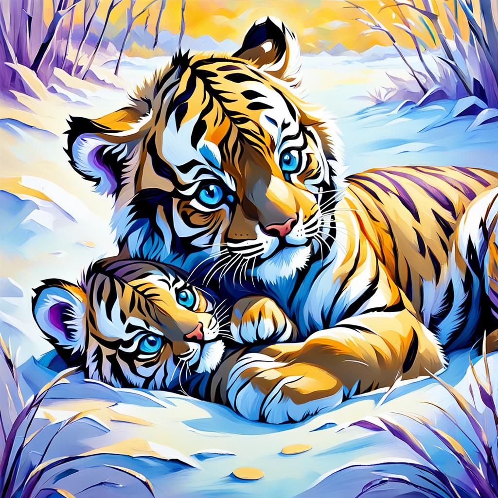 Mythical Newborn Tiger Cub in Icy Setting as Impasto Paintin...