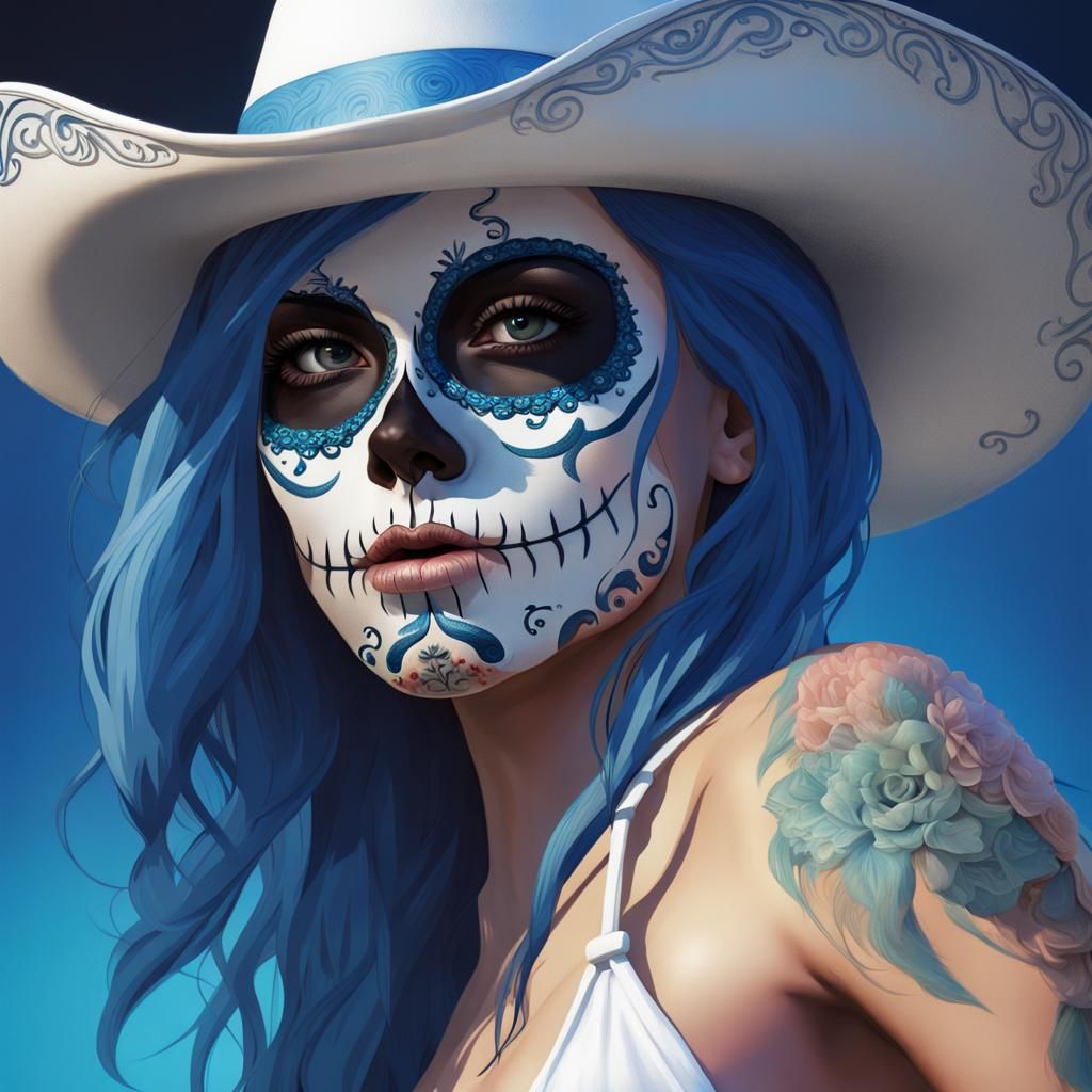 Sugar Skull Girl in Cowboy Hat, Hyperrealistic Art