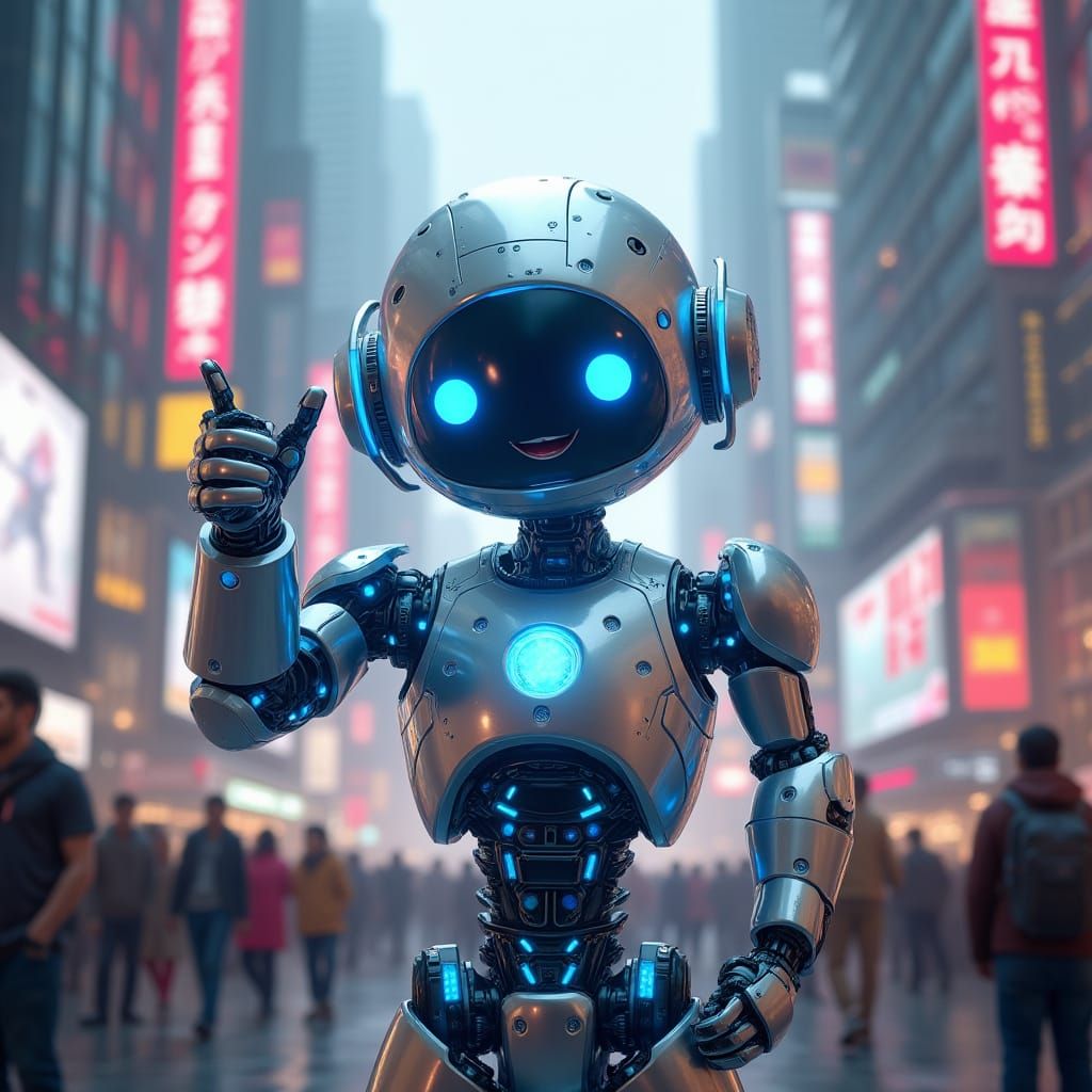 Friendly Robot Greets Futuristic City with Optimism