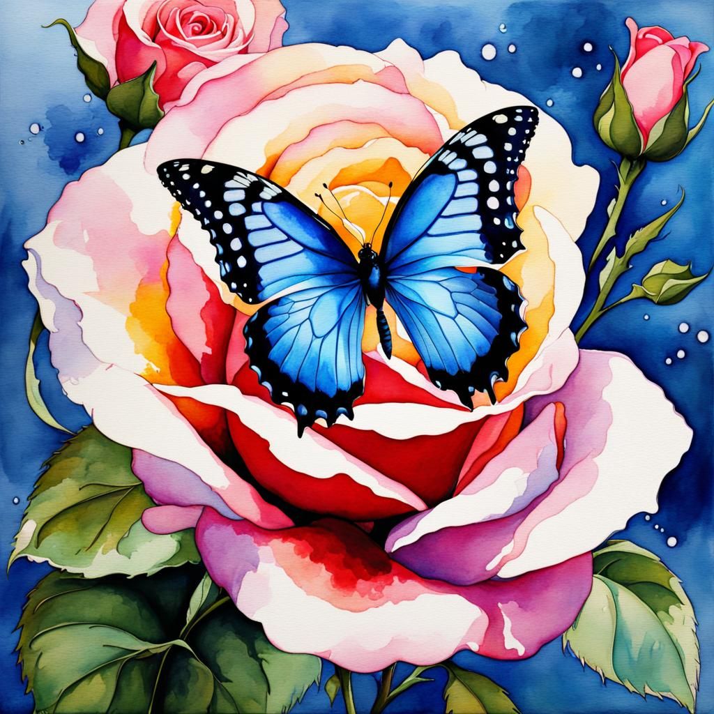 Blue Roses and Butterflies in Art Nouveau Watercolor