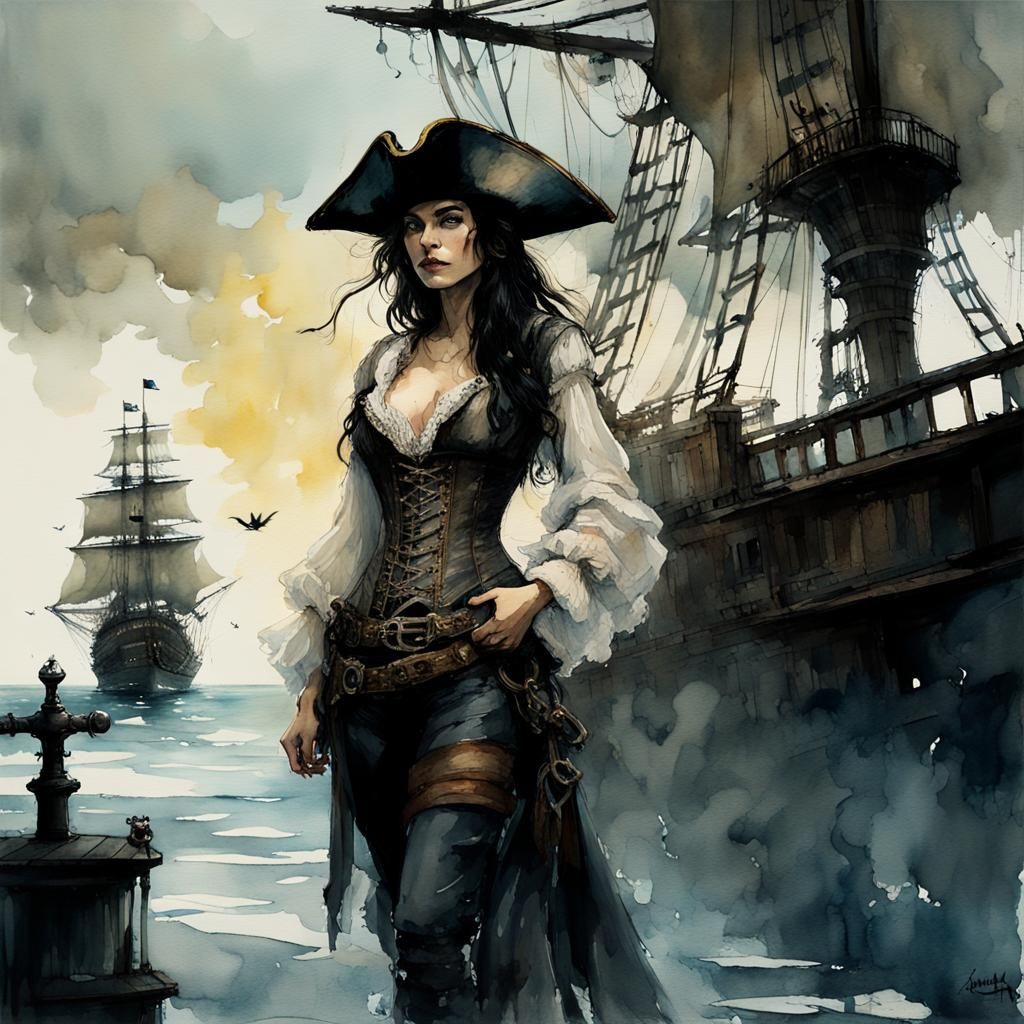 Goddess-Like Pirate With Cat, in Watercolor Style