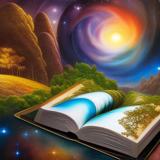 Fantasy Art: Figure Holding Galaxy on Storybook
