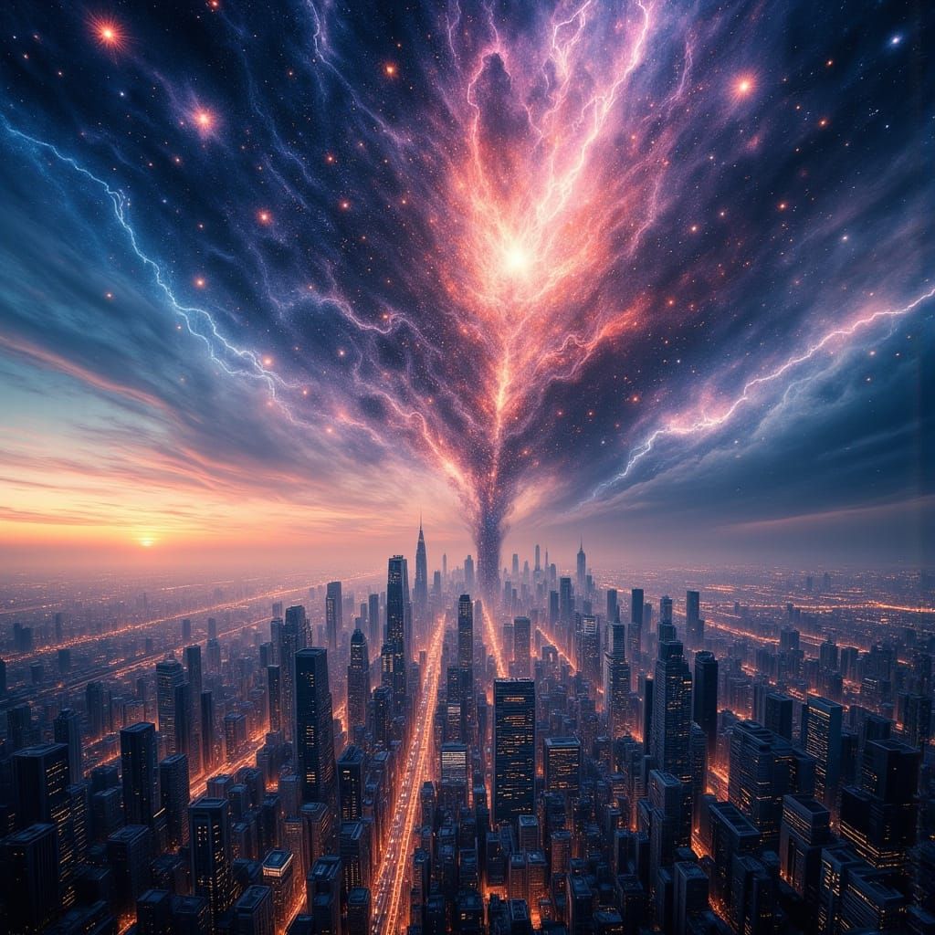 Cosmic Nebula Collides With Hyperrealistic Cityscape