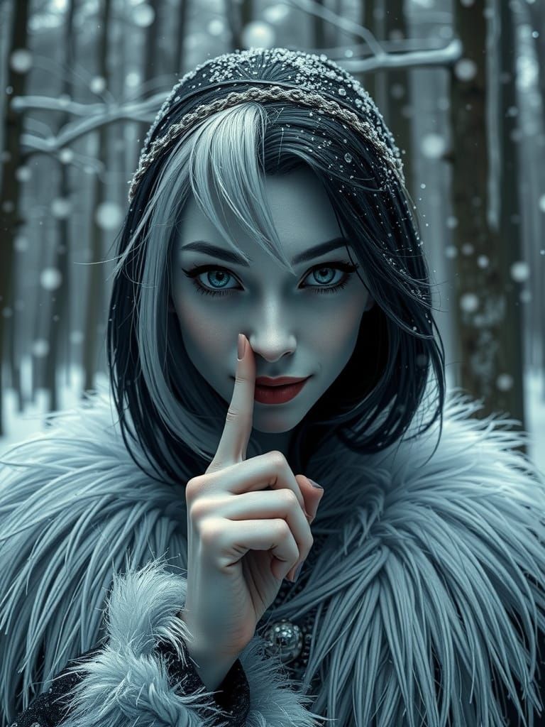 Intense Cruella Silences in Snowy Forest, Hyperrealistic Sty...