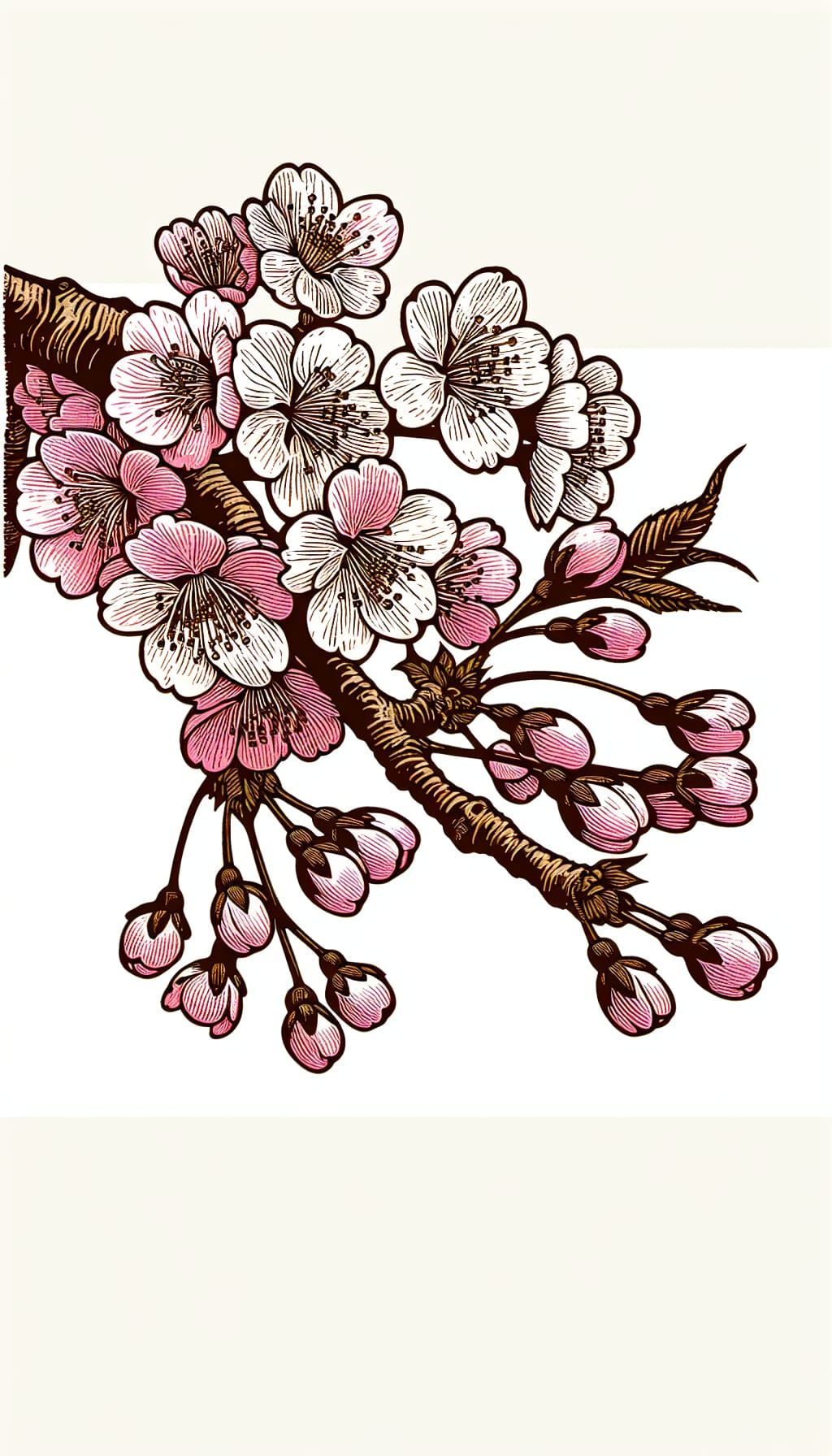 Ornate Sakura Blossoms in Linocut Style
