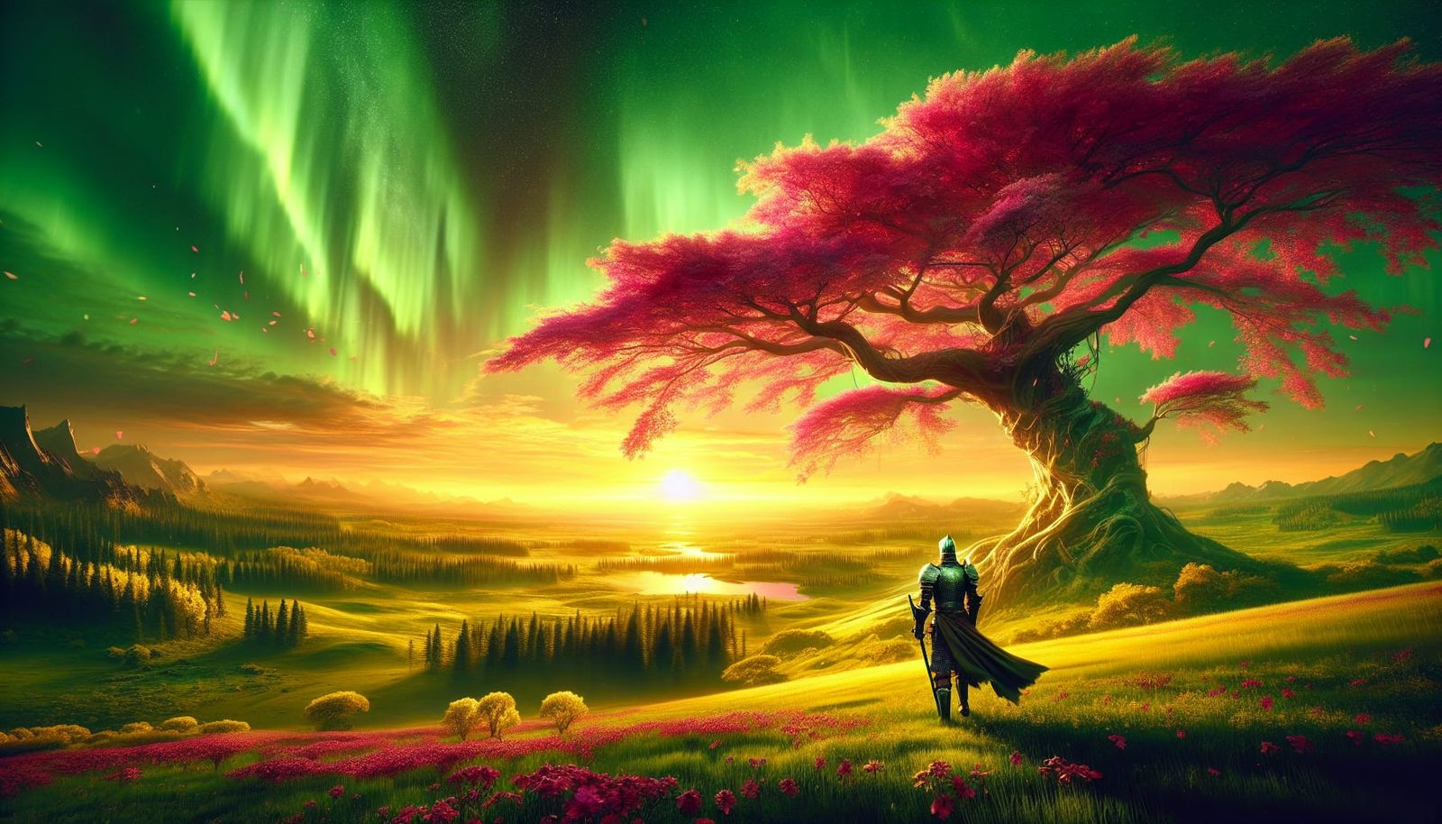 Knight in Magical Landscape at Sunset