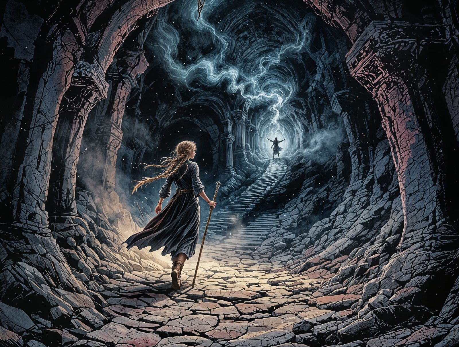 Enchanted Wizard Navigates Dark Temple