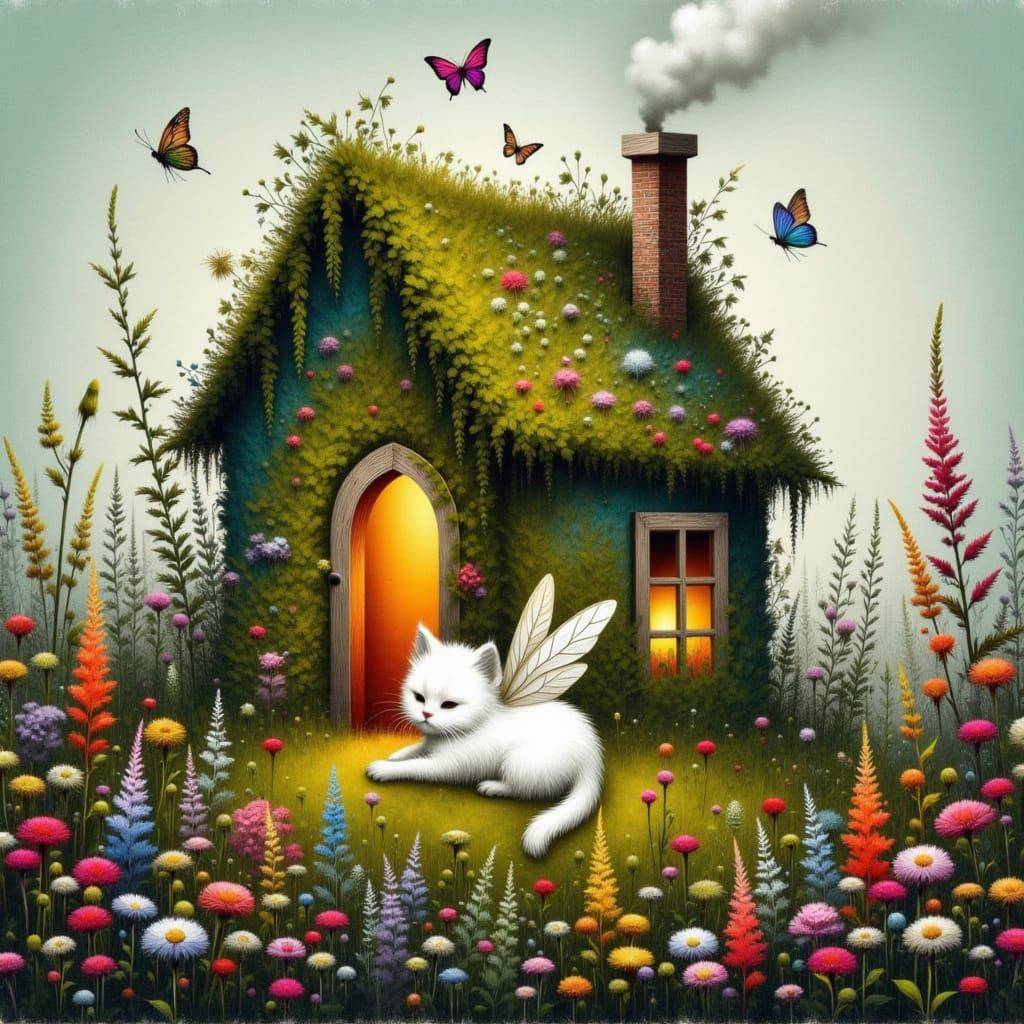 Whimsical Cottage with Winged Cat in Painterly Style
