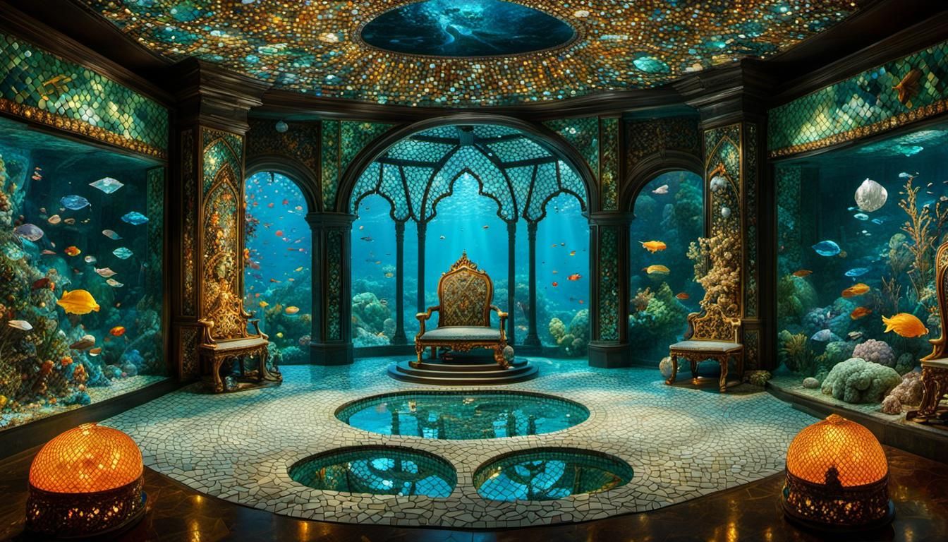 Mosaic Underwater Throne Room with Mermaid Royalty