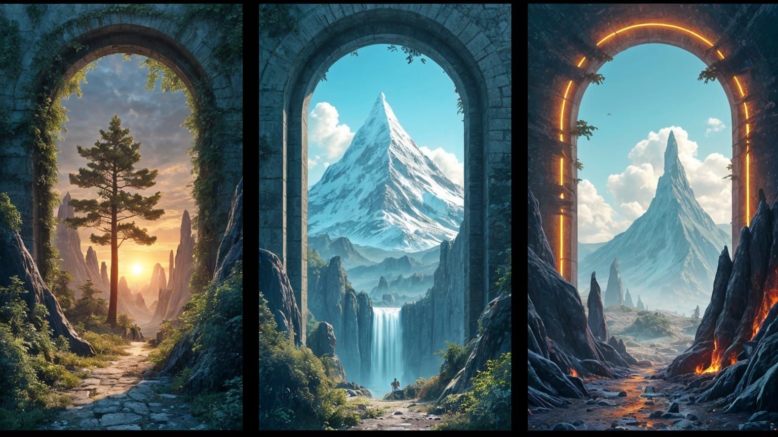Triptych of Landscapes Through Portals
