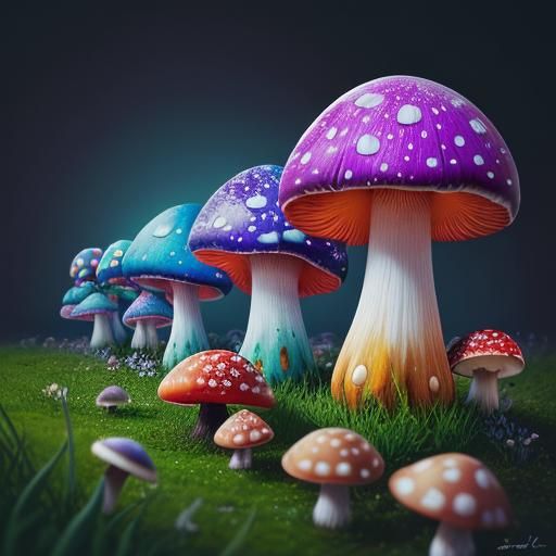 Snails Gliding on Psychedelic Mushrooms, Hyperrealistic