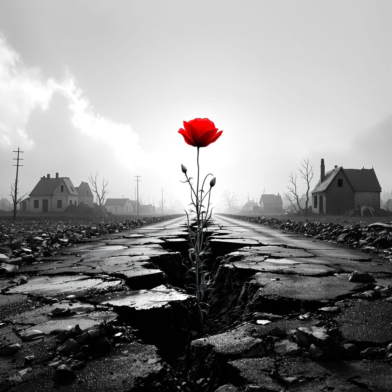 Hope Blooms in Desolate Ruins: Red Poppy Symbol