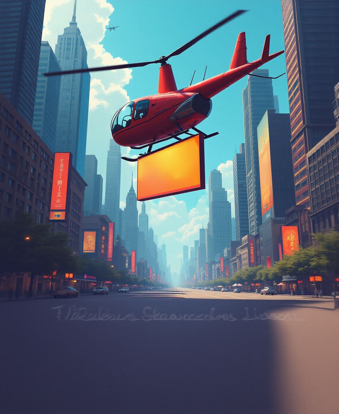 Futuristic Cityscape with Hovering Ad in Cyberpunk Style