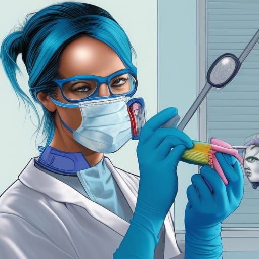 Blue-Haired Dentist in Comic Book Art Style