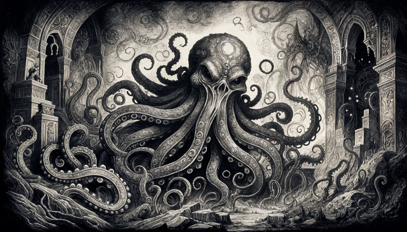 Lovecraftian Horror Emerging from Shadows in Ink Wash
