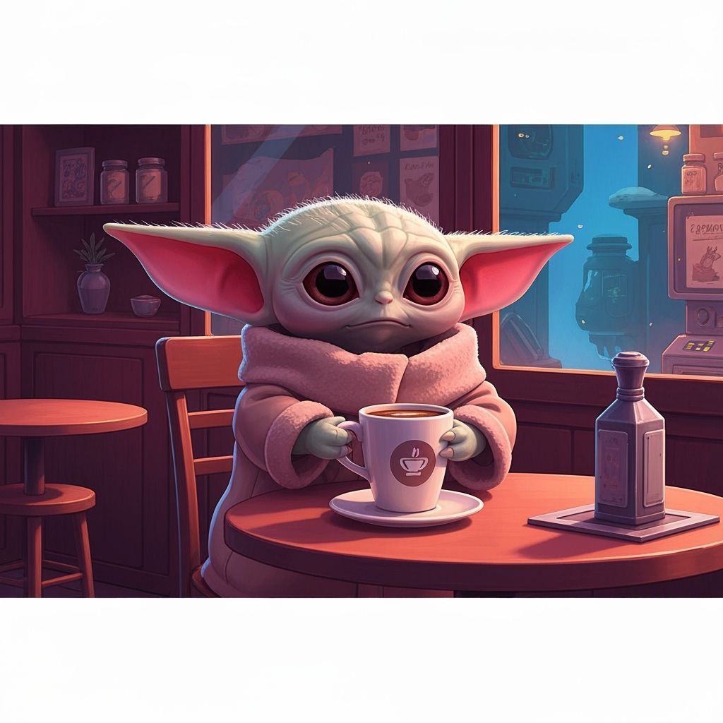 Baby Yoda Drinks Coffee in Miyazaki-esque Cafe