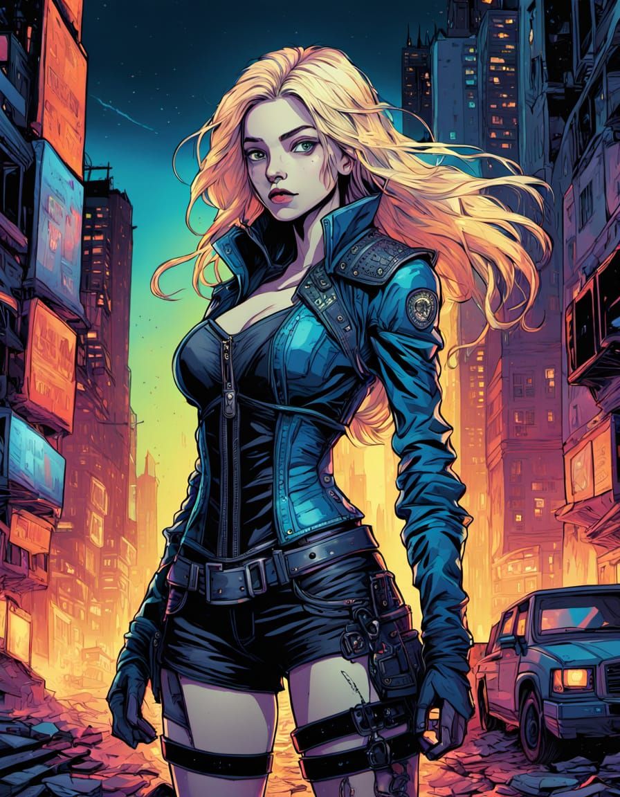 Hyperrealistic Fantasy Portrait in Neon-Lit Post-Apocalyptic...