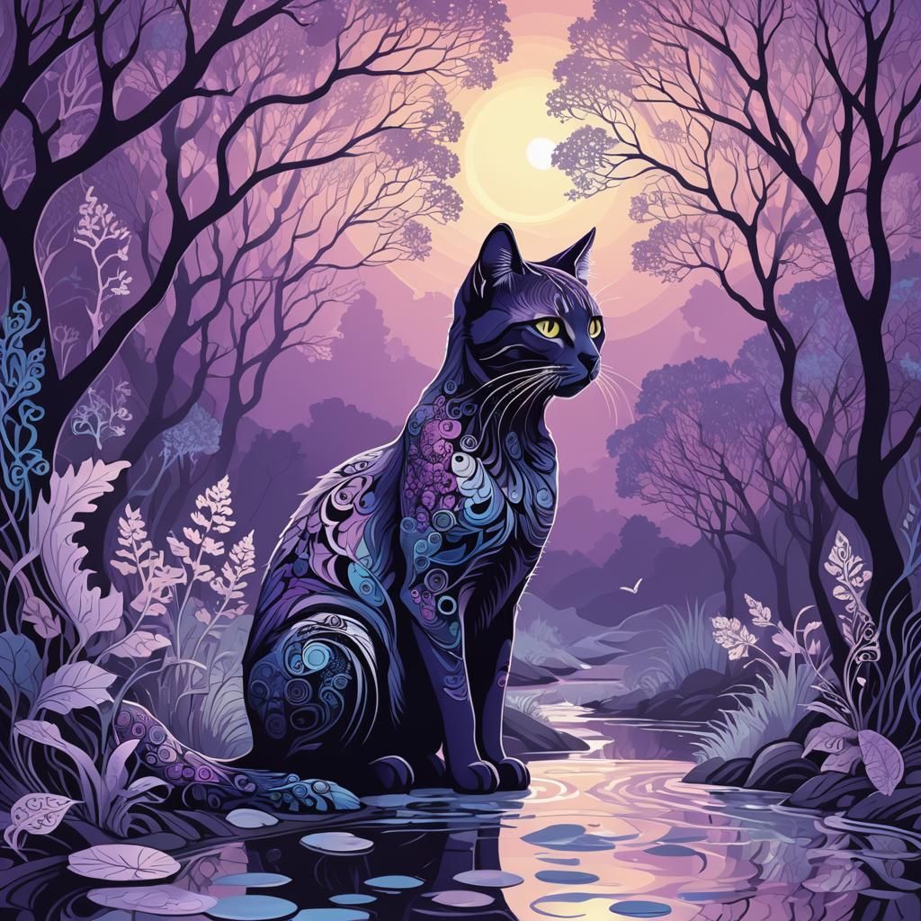 Cat Silhouette with Purple Stream Landscape