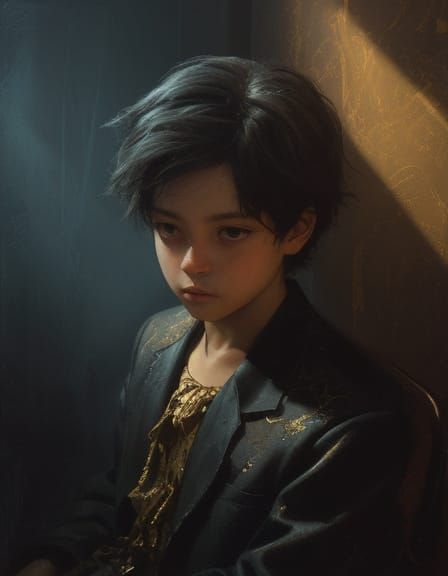Eerie Boy in Dark Room: Surreal Oil Painting