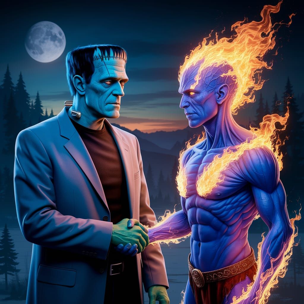 Frankenstein Shakes Hands with Fire Elemental