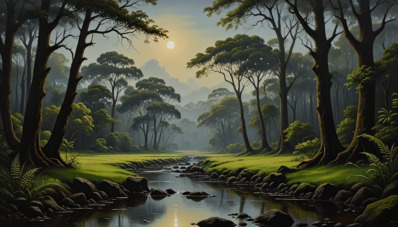 A Darkly Luminous Landscape in Muted Oil Tones