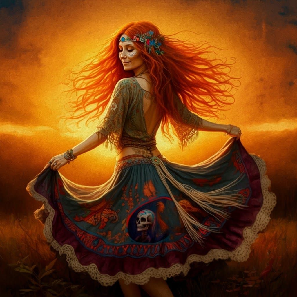 Bohemian Woman Dancing at Sunset with Grateful Dead Bertha