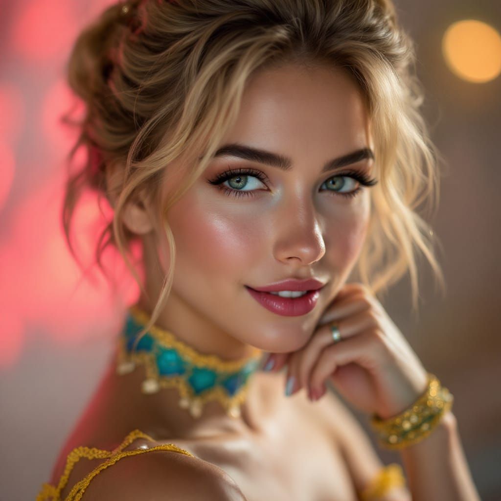 Elegant Blonde Woman in Colorful Lace Garter