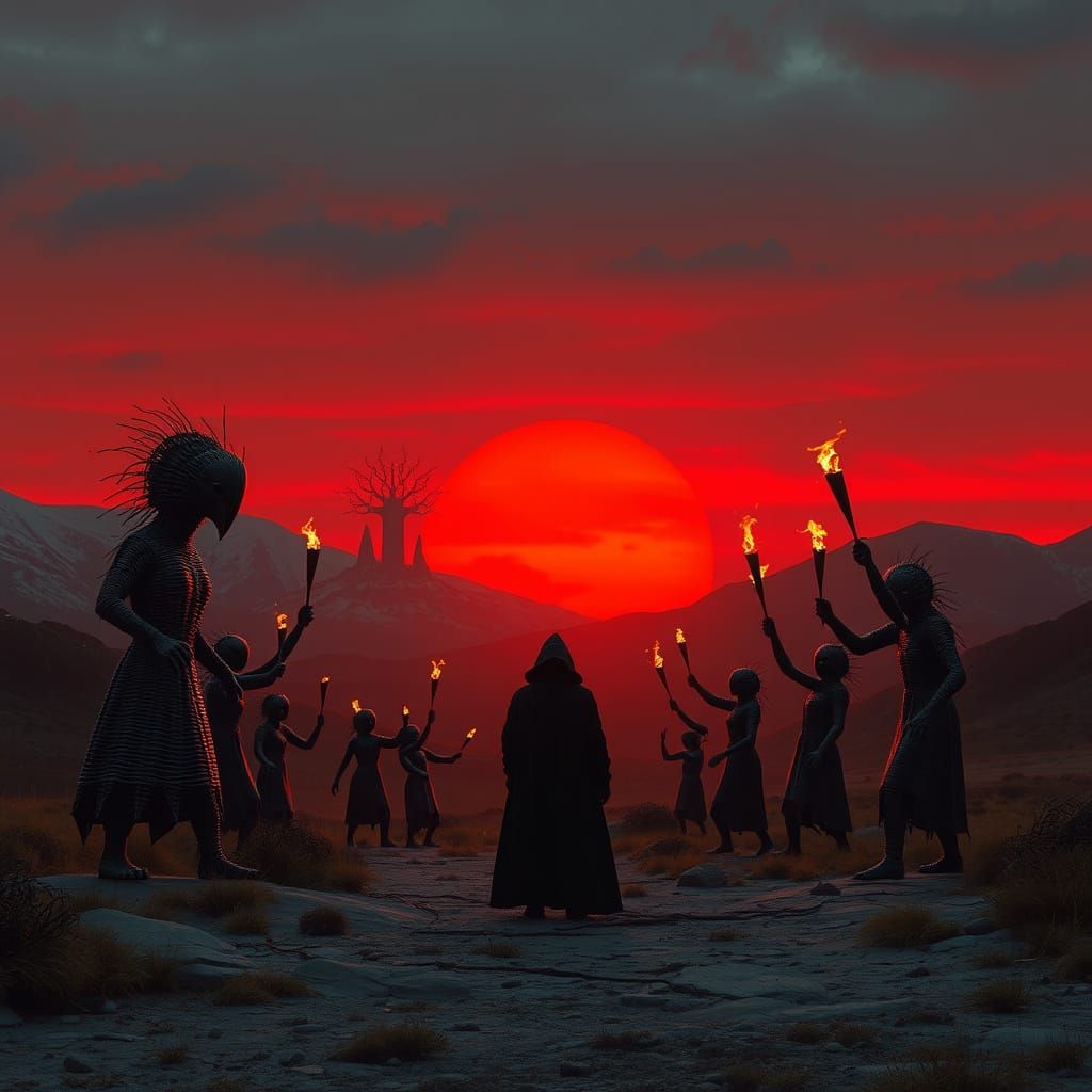 Eerie Sunset Silhouette with Pagan Rituals
