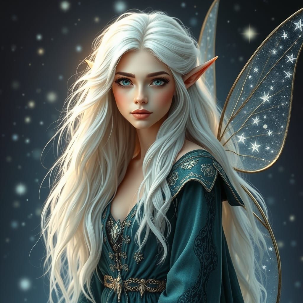 Enchanted Elf in Starry Robe Amidst Whimsical Forest