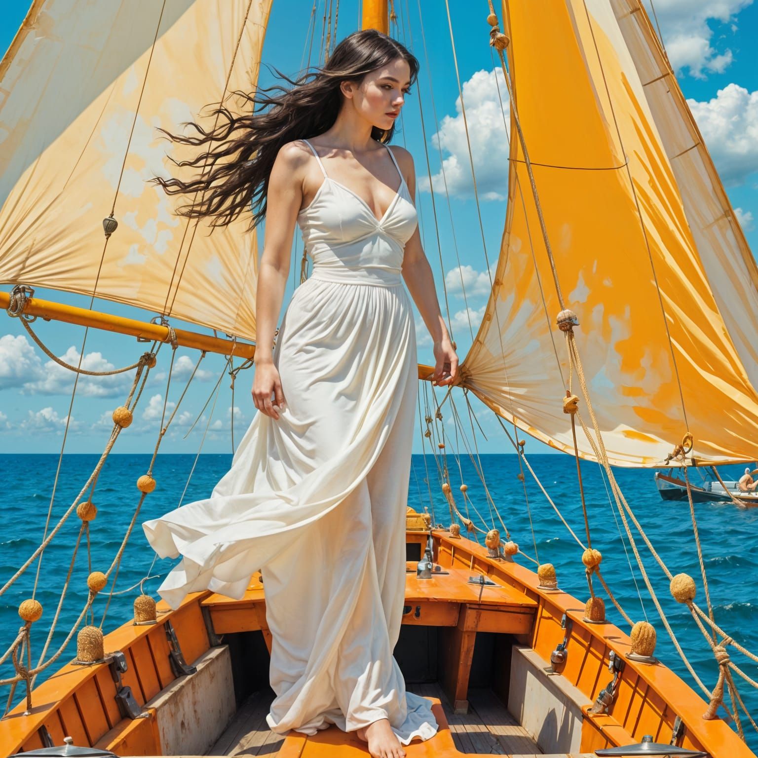 Dark-Haired Woman Explores Abandoned Sailboat in Neo-Impress...