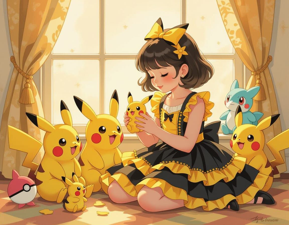 Girl Surrounded by Pokémon Plushies in Vintage Style