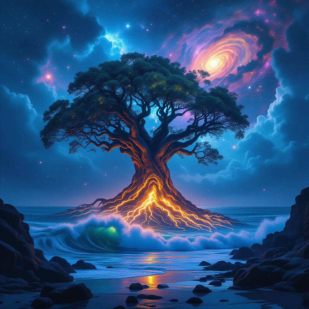 Surreal Ancient Tree with Cosmic Galaxy, Digital Art