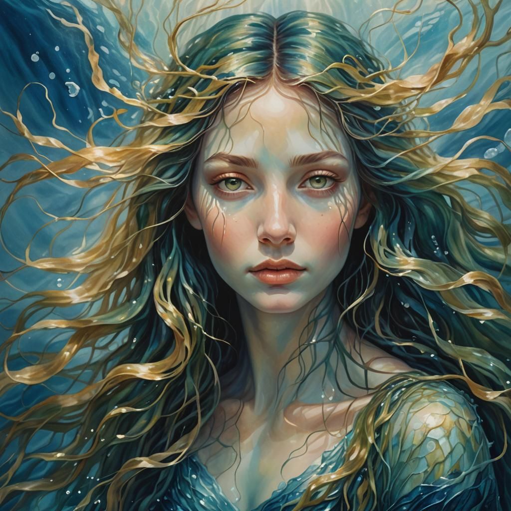 Mystical Water Nymph Portrait in Ethereal Oil Painting Style