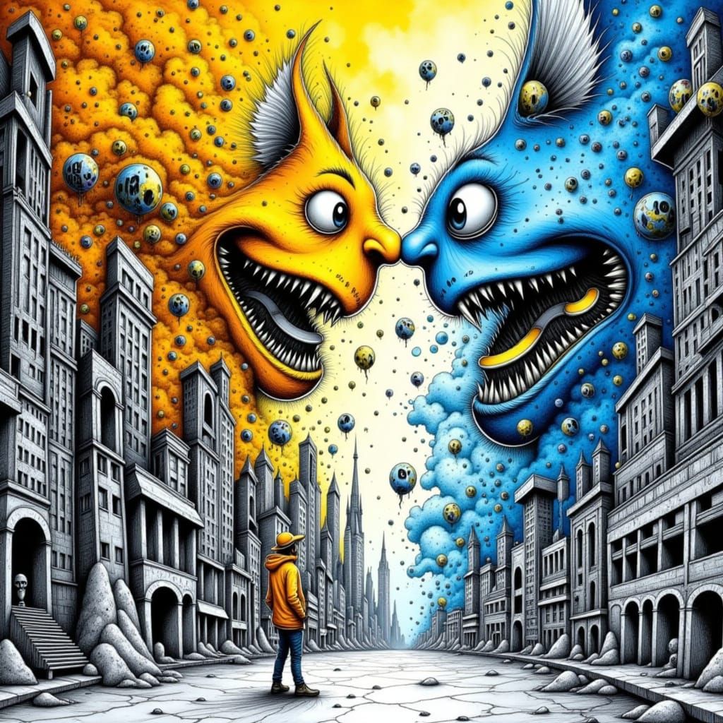 Surreal Cityscape Redrawn By Whimsical Pencil Creatures