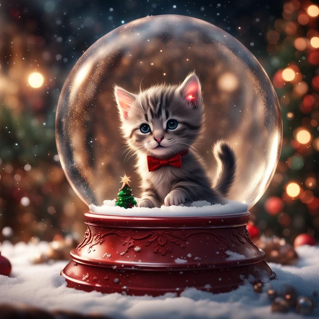 Kitten's Christmas Dinner in Snow Globe: Digital Art