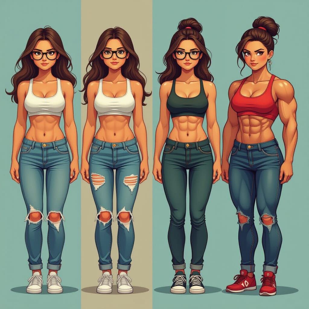Muscular Transformation of a Nerdy Girl in Split Screen
