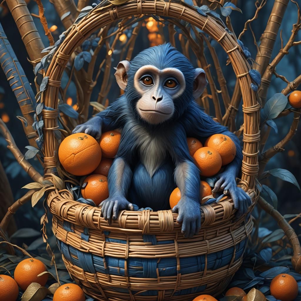 Blue Striped Monkey in Basket: Whimsical Matte Painting